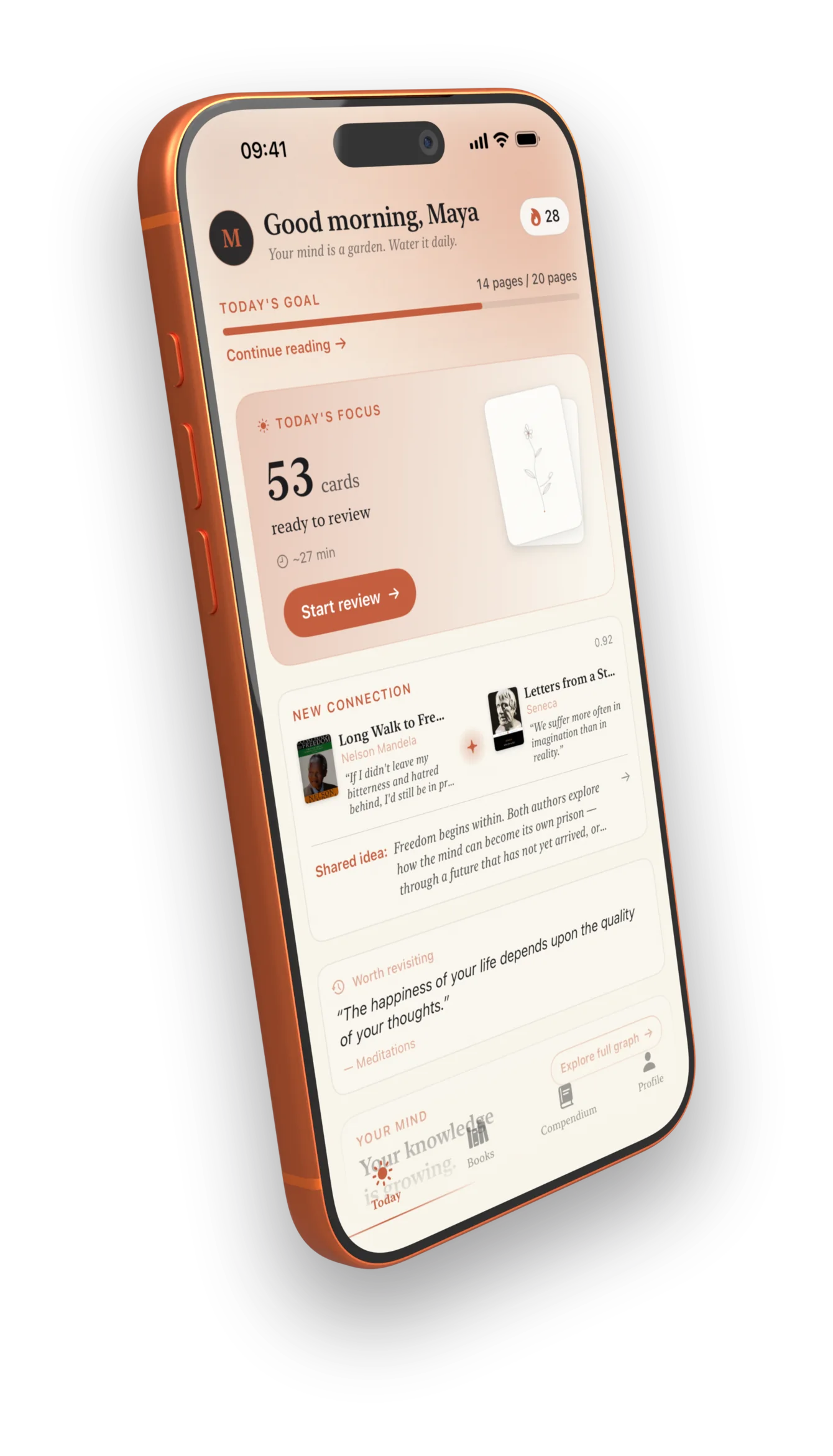 The Scriptorio Today screen, showing cards due for review and a new connection found between two books.