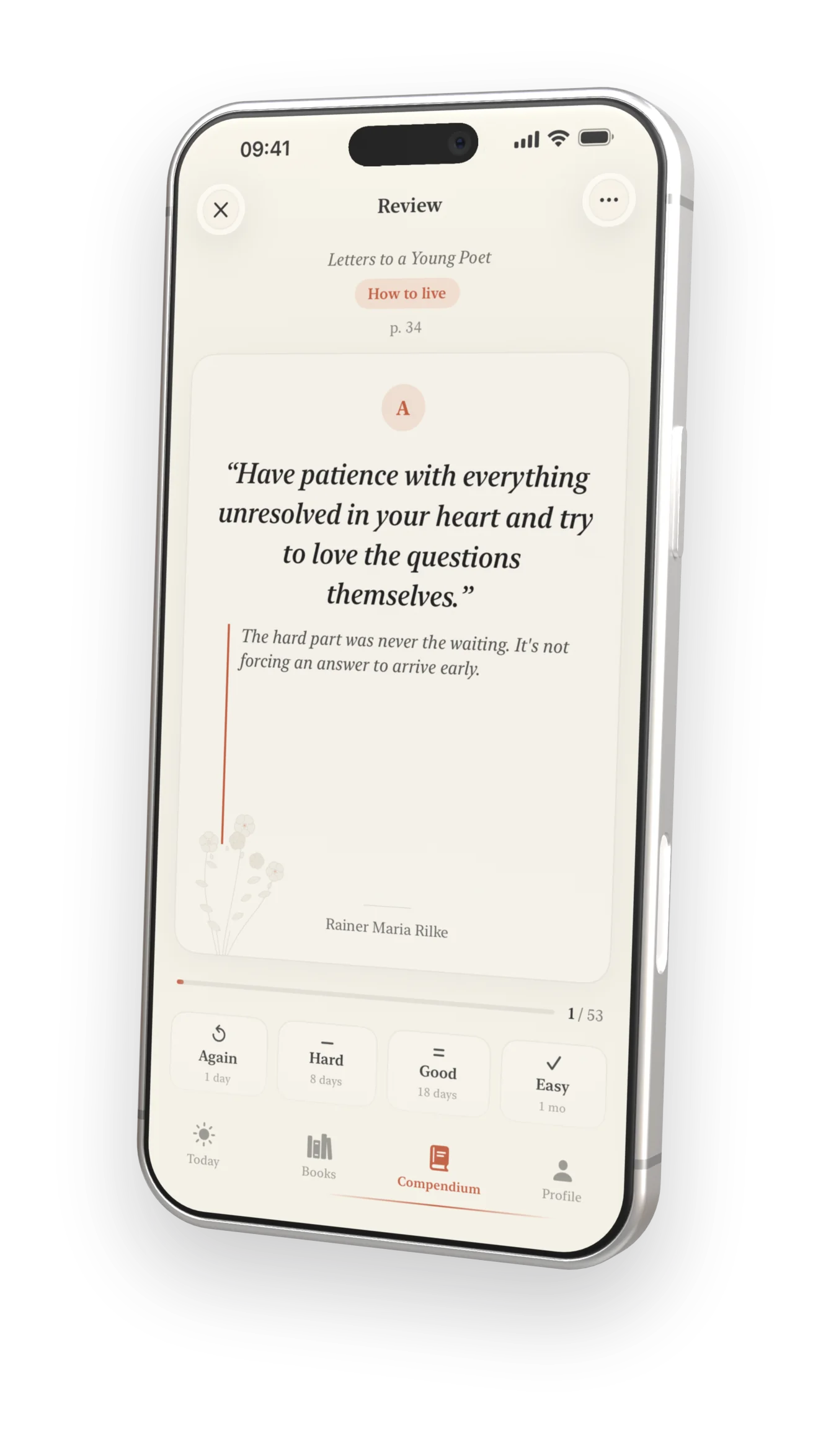 A review card showing a passage from Rilke with scheduling options.