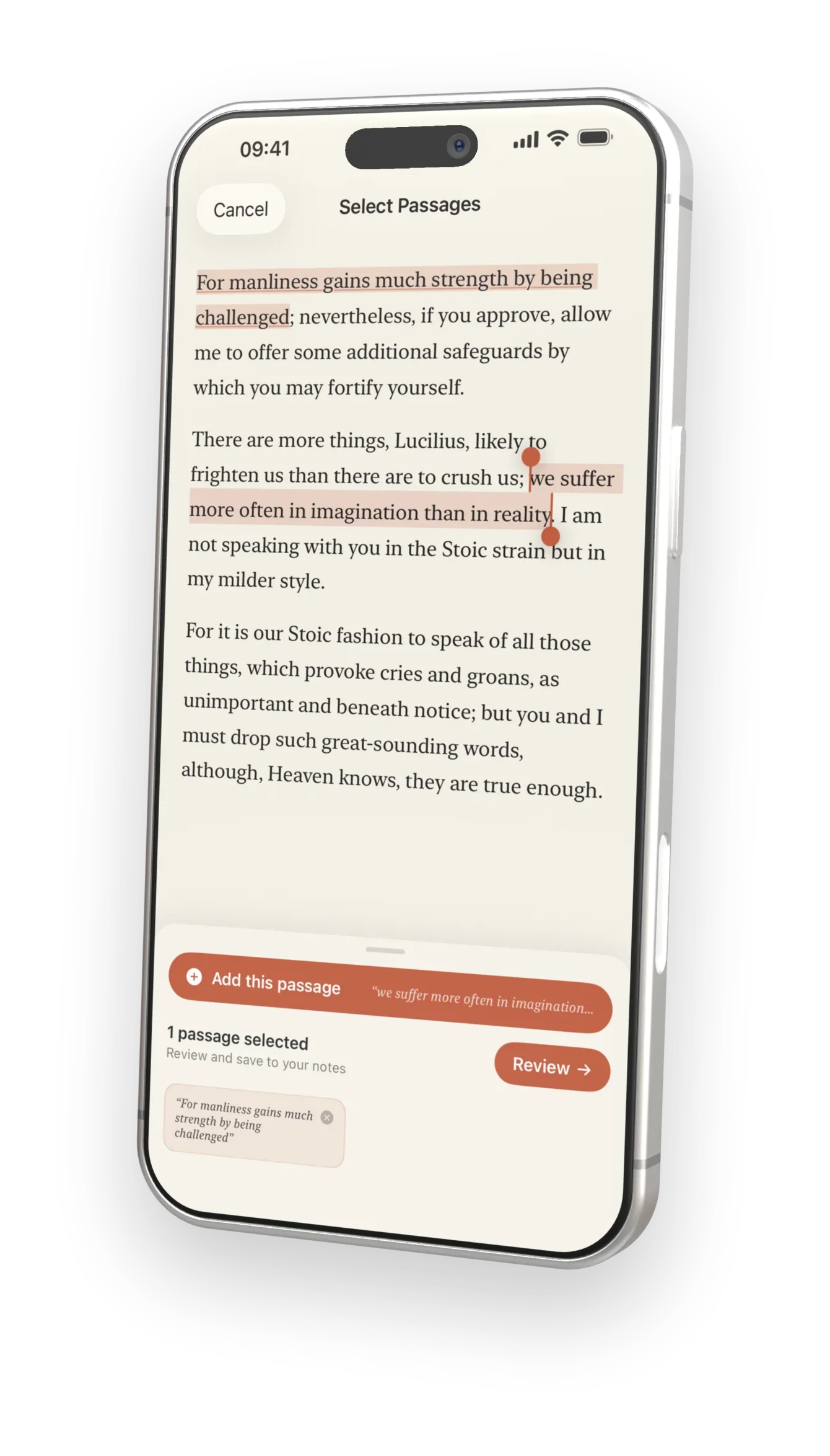 Selecting a passage from a photographed page of Seneca's letters inside Scriptorio.